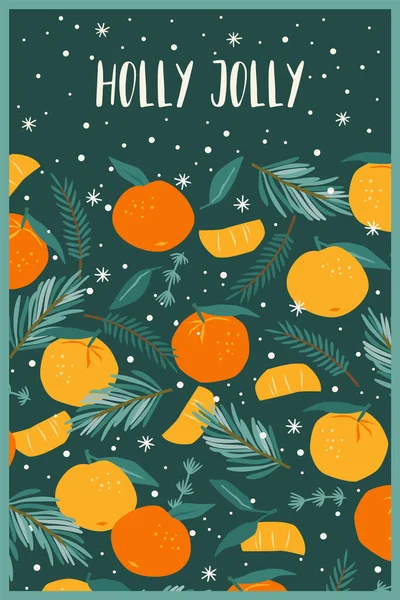 Natale Felice Anno Nuovo Illustrazione Albero Natale Mandarini Simboli Capodanno — Vettoriale Stock