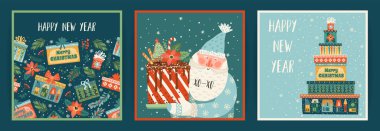 Noel ve Mutlu Yıllar kartları seti. Yeni yıl sembolleri boyunca sevimli parlak çizimler vektör tasarım şablonları.