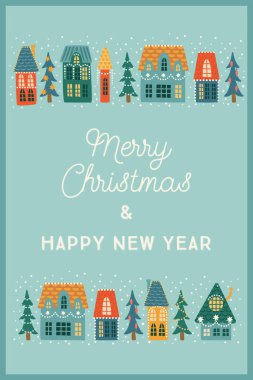 Noel ve Mutlu Yıllar illüstrasyonları. Şehir, evler, Noel ağaçları, kar. Yeni yıl sembolleri. Vektör tasarım şablonu.