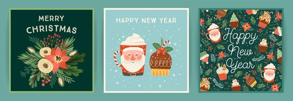 Conjunto Tarjetas Navidad Feliz Año Nuevo Lindas Ilustraciones Brillantes Con — Archivo Imágenes Vectoriales
