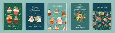 Noel ve Mutlu Yıllar kartları seti. Yeni yıl sembolleri boyunca sevimli parlak çizimler vektör tasarım şablonları.
