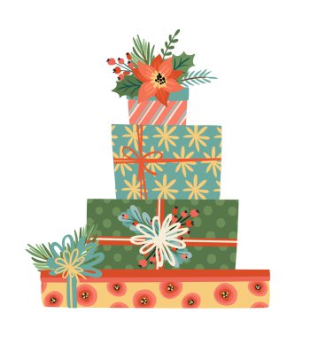 Christmas and Happy New Year gift boxes. Isolated illustration. Vector design element.