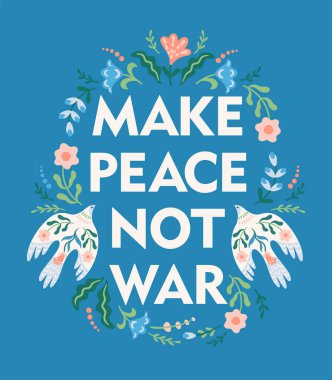 Anti war illustration. Dove of peace and flowers. Vector template for card, poster, flyer and other use