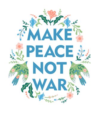 Anti war illustration. Dove of peace and flowers. Vector template for card, poster, flyer and other use