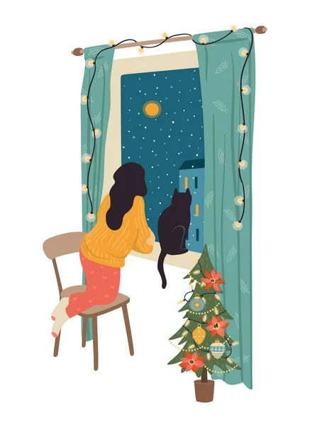 Christmas Happy New Year Isolated Illustration Woman Looking Out Window — Wektor stockowy