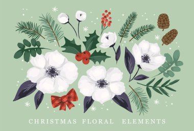 Set of Christmas floral design elements. Flowers, leaves, needles, berries. Vector illustrations