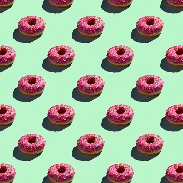 Patrón Plano Sin Costuras Rosquillas Rosadas Sobre Fondo Cálido Con — Foto de Stock