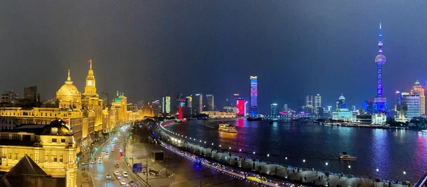 Gece Kuşbakışı Şangay Bund Huangpu Bölgesi Mega Şehrin — Stok fotoğraf