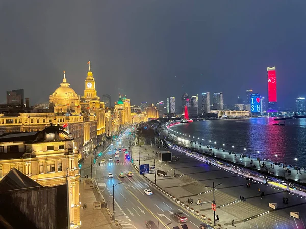 Bird Eye Vista Noite Xangai Área Bund Huangpu Mega Cidade — Fotografia de Stock