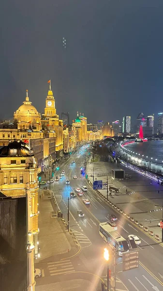 Vista Del Ojo Pájaro Noche Shanghai Zona Bund Huangpu Mega —  Fotos de Stock