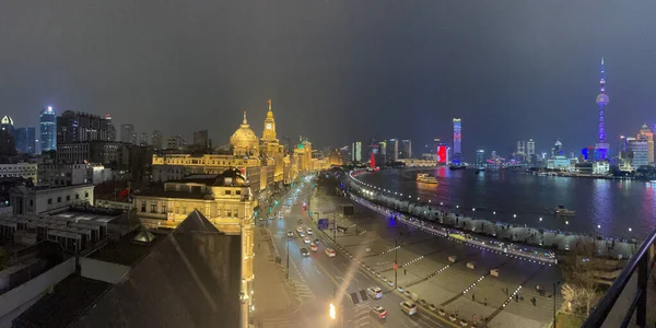 Blick Auf Das Nächtliche Shanghai Und Das Bund Und Huangpu — Stockfoto