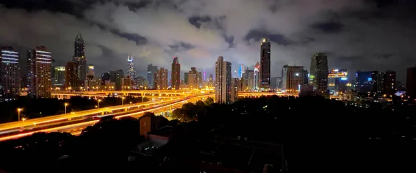 Vista Panorámica Del Cielo Nocturno Las Luces Nocturnas Shanghái Con —  Fotos de Stock