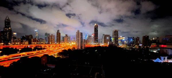 Vista Panoramica Del Cielo Notturno Delle Luci Notturne Shanghai Con — Foto Stock