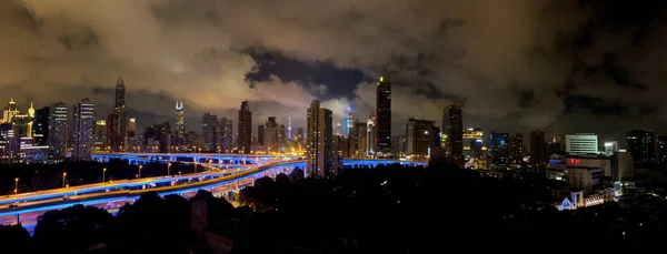Panorama View Night Sky Night Lights Shanghai Skyscrapers Pudong Puxi —  Fotos de Stock