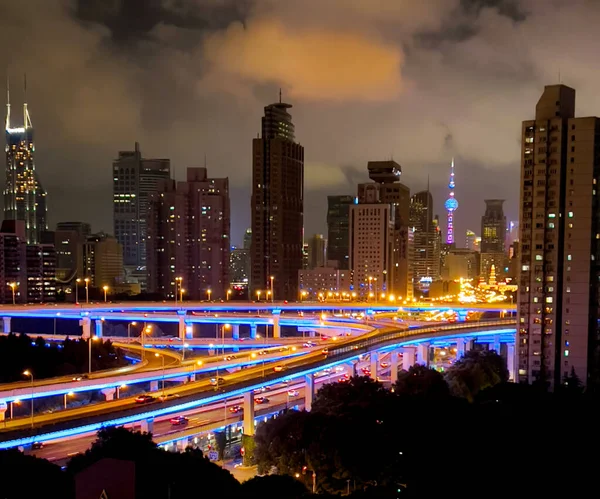 Panorama View Night Sky Night Lights Shanghai Skyscrapers Pudong Puxi —  Fotos de Stock