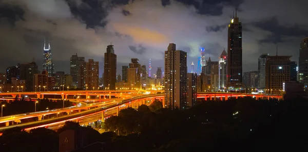 Panorama View Night Sky Night Lights Shanghai Skyscrapers Pudong Puxi —  Fotos de Stock