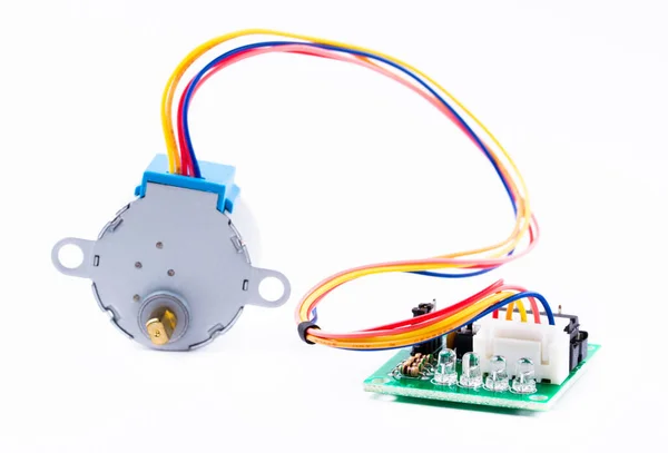 Detail of stepper motor and controller for arduino isolated on white background. — Stock Photo, Image