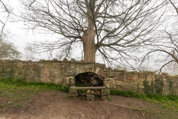 Edinburgh, İskoçya 'da bir ağacın yanında eski ve güzel bir taş bank bulunan tipik İskoç kirli yolu (asfaltlanmamış)