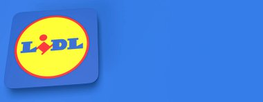 Neckargemuend, Almanya: 20 Mart 2022: Sağında mavi fotokopi alanı olan Alman indirimli süpermarket zinciri Lidl 'in logosu. Web pankartı biçiminde 3d görüntüleme.
