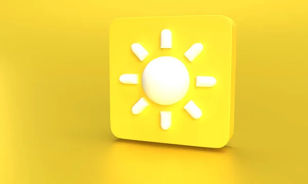明亮的黄色圆形矩形上的白色太阳图标 与反射的黄色背景相对照 3D渲染 — 图库照片