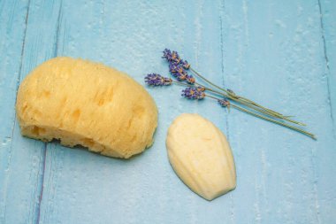 Kabuk şeklinde banyo topu, lavanta çiçekleri ve kırsal ahşap arka planda rahatlatıcı bir banyonun malzemesi olarak banyo süngeri.