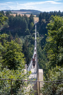 Moersdorf, Almanya: 1 Ağustos. 2020: Geierlay asma halat köprüsü, Almanya 'nın Rhineland-Palatinate kentindeki Hunsrueck tepesindeki yerel Moersdorf ve Sosberg toplumları arasında bir yaya halat köprüsü..