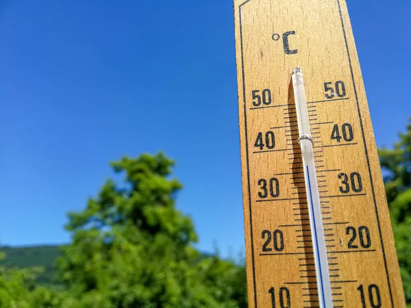 Detail Thermometer Shows High Temperature Summer Trees Cloudless Sky Focus — Stock fotografie