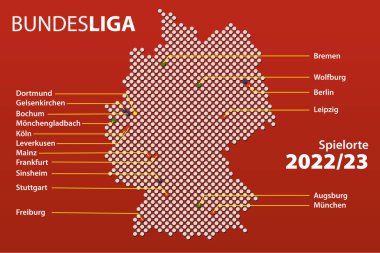 Map of cities in Germany with teams the first German football league, the Bundesliga in the 2022/23 season with German city names. Vector Illustration.