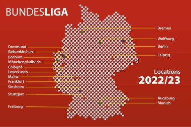 Map of cities in Germany with teams the first German football league, the Bundesliga in the 2022/23 season with english city names. Vector Illustration.