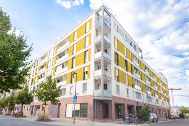 Heidelberg, Germany: September 12, 2022: Living environment with modern housing in the Bahnstadt, a Passive house development area in Heidelberg, Germany