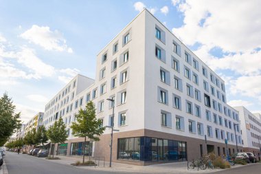 Heidelberg, Germany: September 12, 2022: Living environment with modern housing in the Bahnstadt, a Passive house development area in Heidelberg, Germany