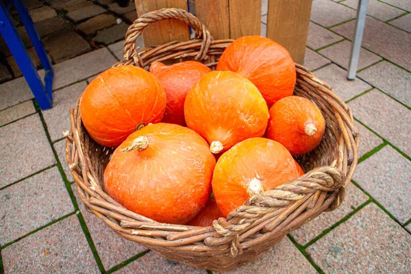 Red kuri squash pumpkins in a basket on a regional seasonal market in autumn with local products in Germany, called \