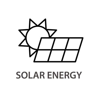 Güneş enerjisi doğrusal simgesi. Güneş paneli ile güneşin basit vektörünü özetle. Beyaz arkaplanda izole edilmiş resim içerir