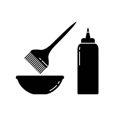 Saç boyası siluet ikonu. Siyah basit fırça, kase, şişe vektörü. Beyaz arkaplanda izole edilmiş resim içerir