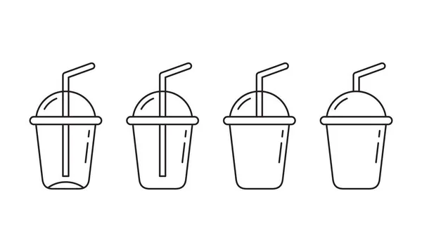 有圆形盖子和吸管的塑料杯 线形图标设置 为饮料 冰沙或果汁勾勒出纯正的玻璃杯向量 白色背景上的轮廓孤立象形文字 — 图库矢量图片