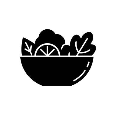 Salata silueti simgesi. Taze marul ve sebzeli siyah kase. Beyaz arkaplanda izole edilmiş resim içerir