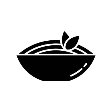 Spagetti siluet ikonu. Fesleğen yapraklı makarna. Siyah basit vektör. Beyaz arkaplanda izole edilmiş resim içerir