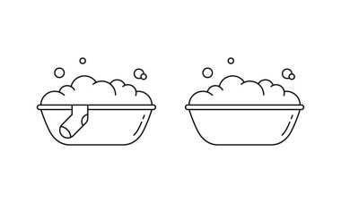 El yıkama doğrusal simgesi. Köpüklü plastik çamaşır leğeni, sabun köpüğü, çorap. İki tane köpüklü lavabo manzarası. Beyaz arkaplanda izole edilmiş resim içerir