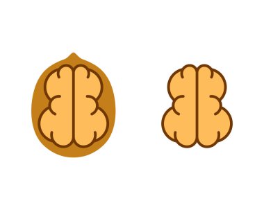 Ceviz kabuğunda tam ceviz, renk ikonu. Yemek paketleme tasarımı için çizgi film vektör logosu. Beyaz arkaplanda düz izole resimleme