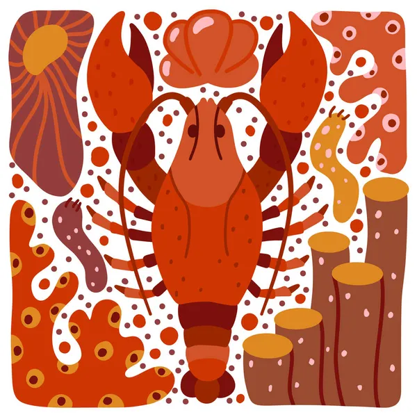 Lagosta Ilustração Desenhada Mão Cartaz Desenho Animado Quadrado Animal Oceano —  Vetores de Stock