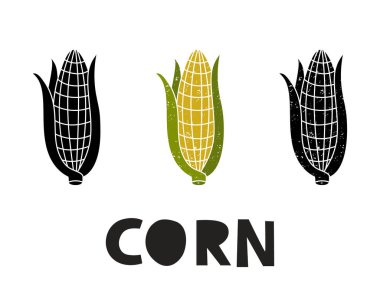 Mısır kulağı, siluet simgeleri harflerle ayarlanmış. Pul taklidi, sürtünme izleri. Basit siyah şekil ve renk vektörü çizimi. Beyaz arkaplanda elle çizilmiş izole ögeler