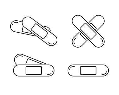 Tıbbi yapıştırıcı sıva, doğrusal simgeler hazır. Bekar ve çapraz versiyonu. Dikdörtgen yapışkan alçıdan oluşan basit bir vektör. Beyaz arkaplanda izole edilmiş resim içerir