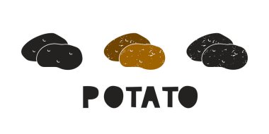 Patates, siluet simgeleri harflerle ayarlanmış. Pul taklidi, sürtünme izleri. Basit siyah şekil ve renk vektörü çizimi. Beyaz arkaplanda elle çizilmiş izole ögeler
