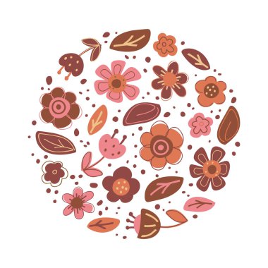 Soyut çiçekli, yapraklı, yuvarlak bir illüstrasyon. Boho bej ve pembe renkler. Beyaz arka planda düz yalıtılmış elementler. Vektör el yazısı, poster, tebrik kartı