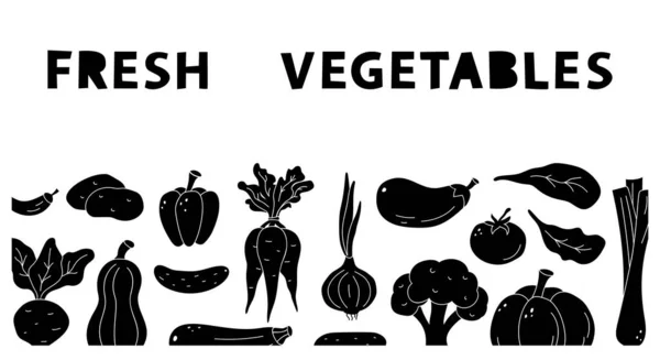 Fresh Vegetables Graphic Banner Lettering Horizontal Rectangular Template Blank Black — 图库矢量图片