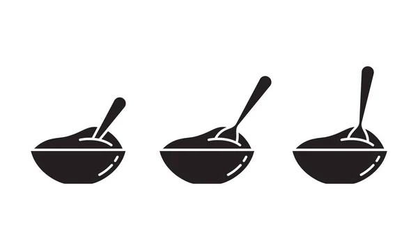 Μπολ Από Πουρέ Φαγητού Και Κολλημένο Κουτάλι Σετ Εικόνων Σιλουέτας — Διανυσματικό Αρχείο