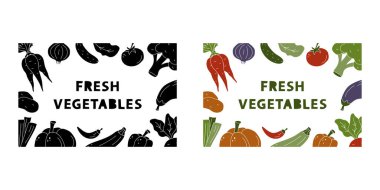 Pankart, poster ve baskı için kupür maskesinde el yazısıyla çizilmiş sebzeler için yer alan yatay illüstrasyon. Beyaz arkaplanda siluet elementleri olan renk ve siyah dikdörtgen şablon