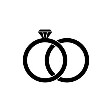 Alyanslar, siluet simgesi. Kadın ve erkek elmas yüzüğünün siyah basit vektörü. Beyaz arkaplanda izole edilmiş resim içerir