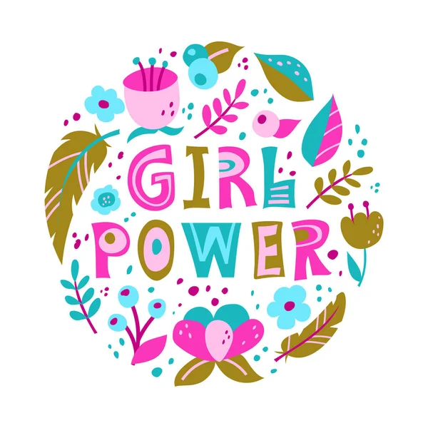 Girl Power Illustration Isolated Lettering Flowers Flat Elements Text White — Stock Vector