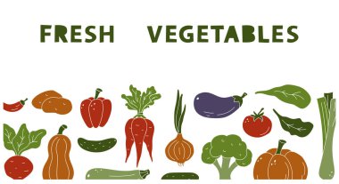 Taze sebzeler, pankart için yatay renk şablonu. El çizimi siluet elementler kırpma maskesinde metin için yer var. Beyaz arkaplanda izole edilmiş vektör illüstrasyonu